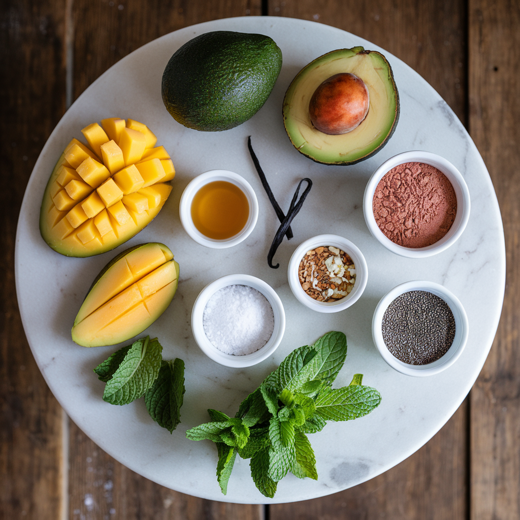 Ingredients for Exotic Mango-Avocado Cacao Mousse: A Guilt-Free Indulgence