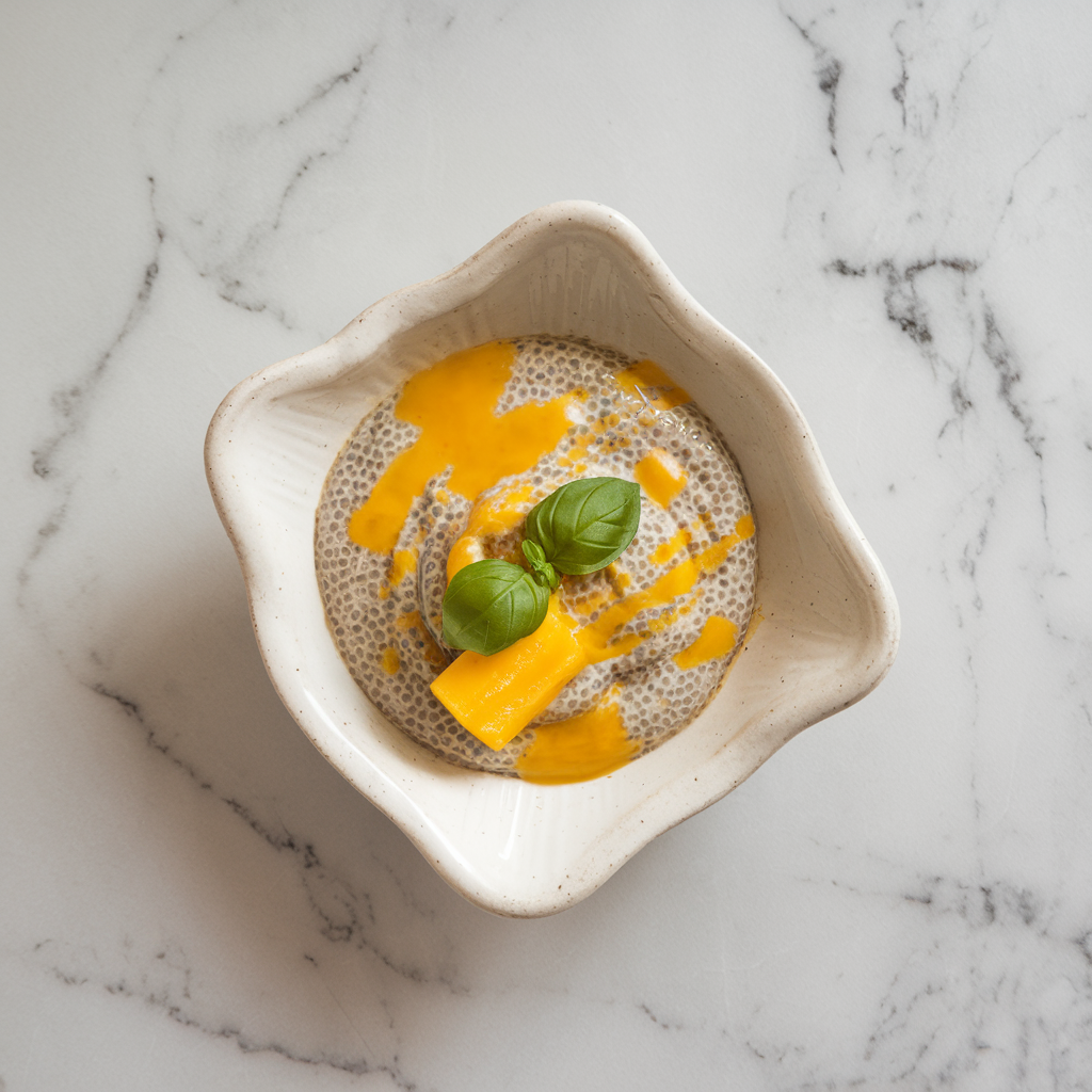 Exotic Mango & Basil Chia Pudding with Passionfruit Drizzle