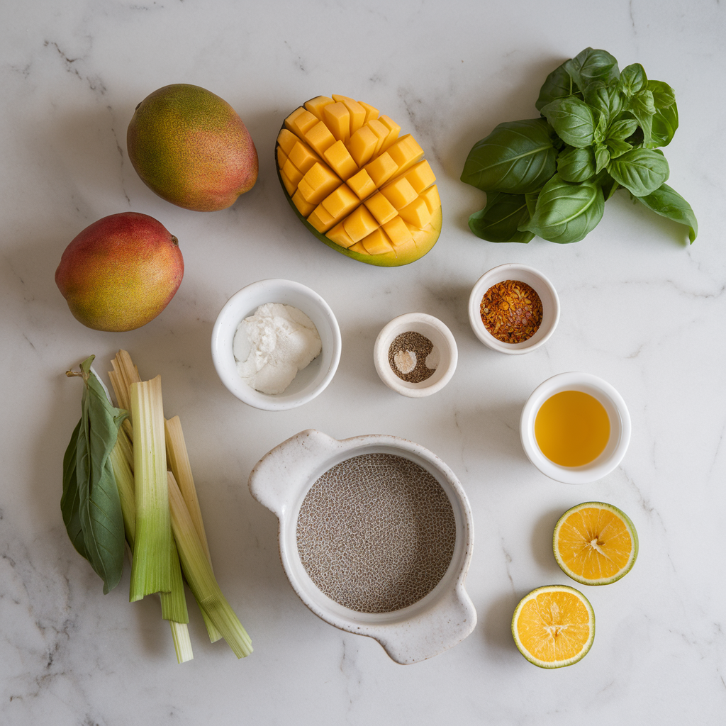Ingredients for Exotic Mango & Basil Chia Pudding with Passionfruit Drizzle