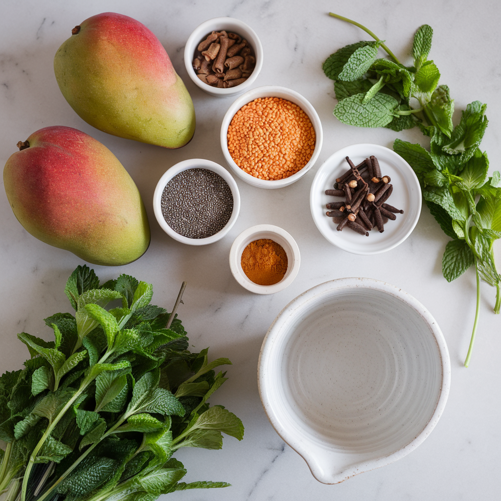 Ingredients for Exotic Mango-Lentil Pudding with Chia and Spices