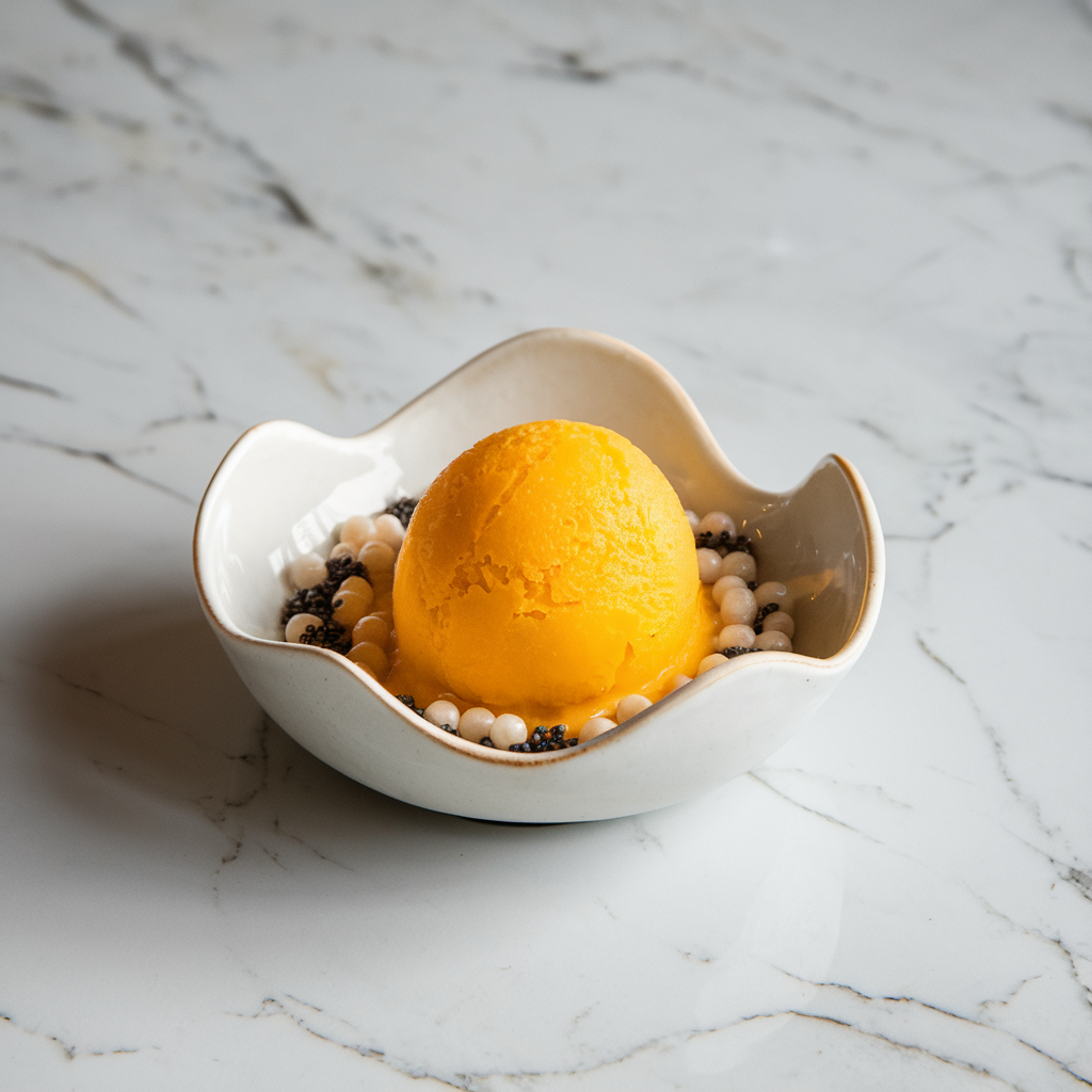 Exotic Mango Saffron Sorbet with Chia Tapioca Pearls