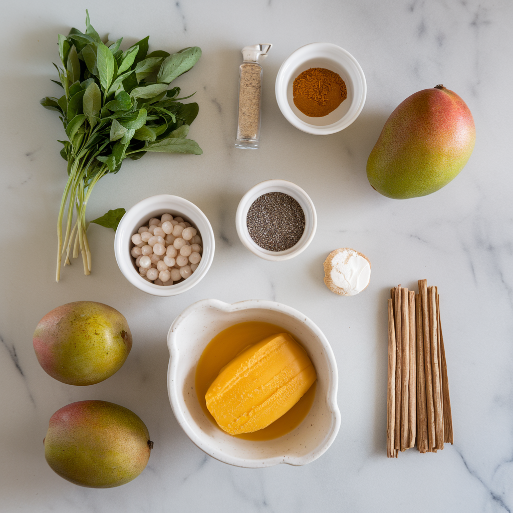 Ingredients for Exotic Mango Saffron Sorbet with Chia Tapioca Pearls