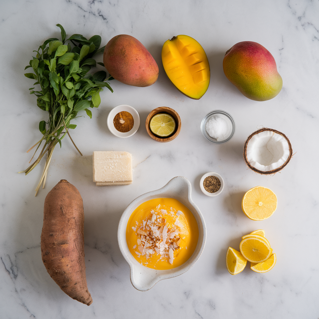 Ingredients for Exotic Mango and Sweet Potato Frozen Parfait with Toasted Coconut