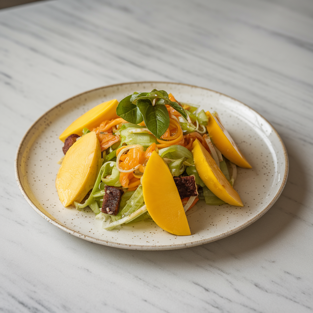 Exotic Mango and Tempeh Green Tea Noodle Salad with Citrus-Ginger Dressing