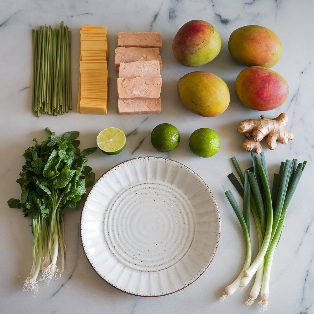 Ingredients for Exotic Mango and Tempeh Green Tea Noodle Salad with Citrus-Ginger Dressing