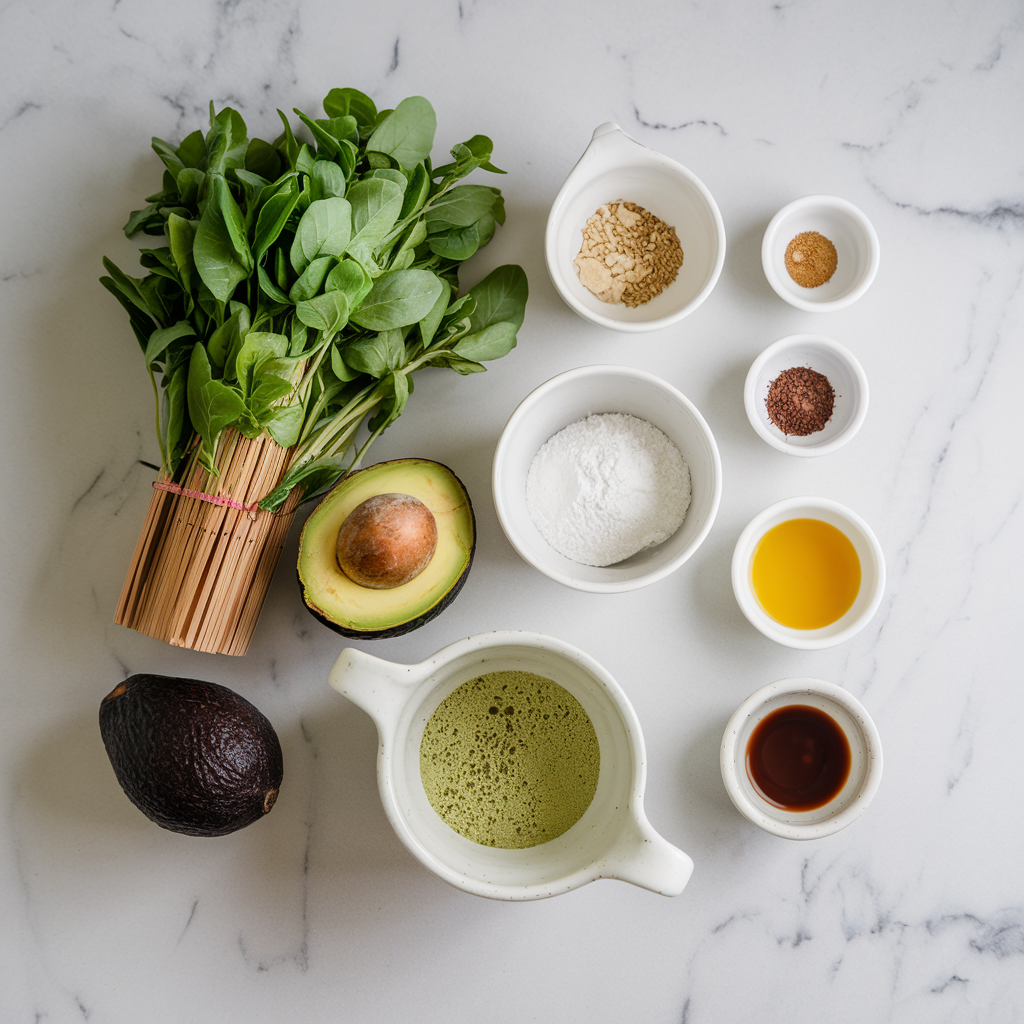Ingredients for Exotic Matcha and Avocado Dark Chocolate Mousse