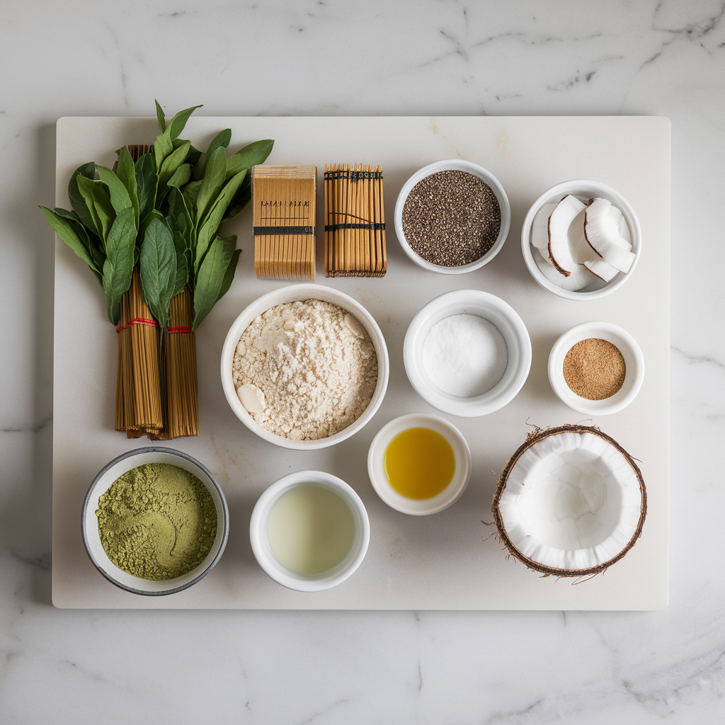 Ingredients for Exotic Matcha & Chia Seed Swirl Bread with Coconut Glaze