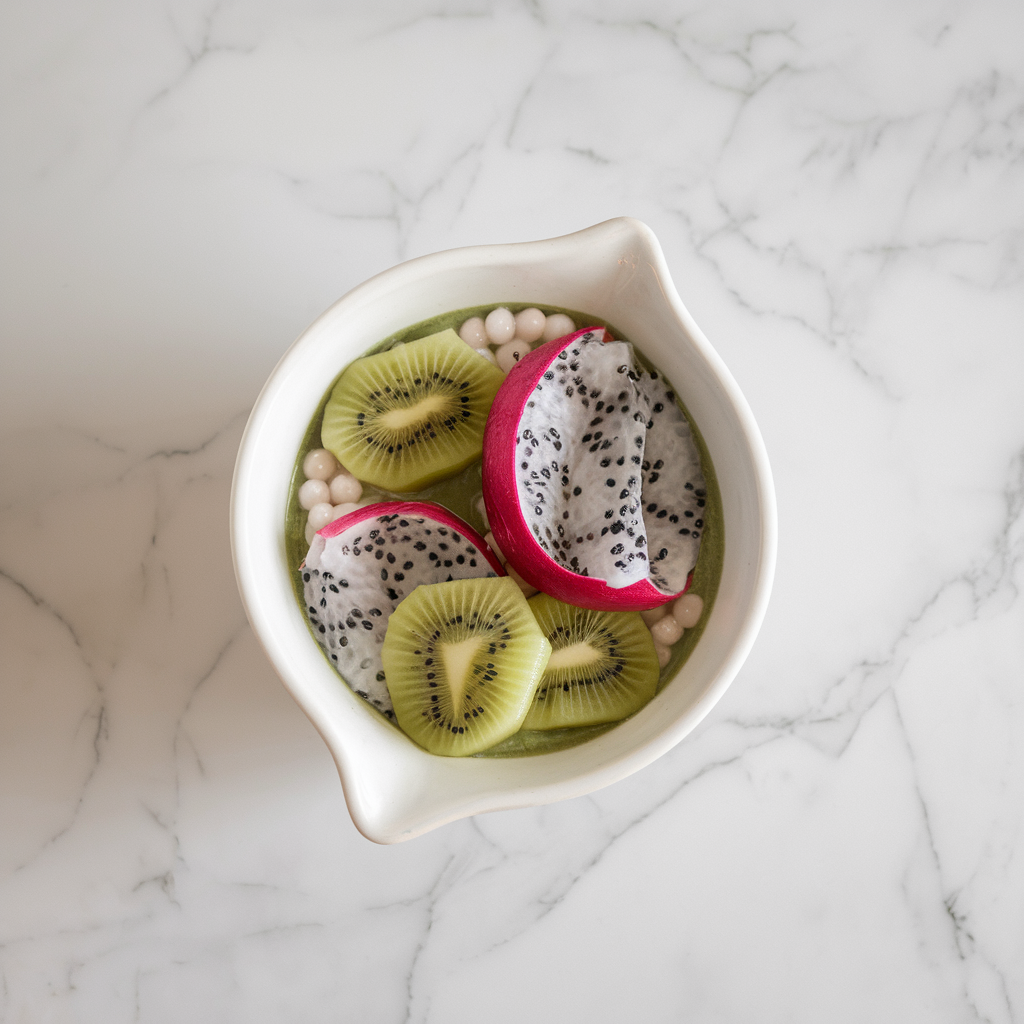 Exotic Matcha Coconut Tapioca Pudding with Dragon Fruit and Kiwi