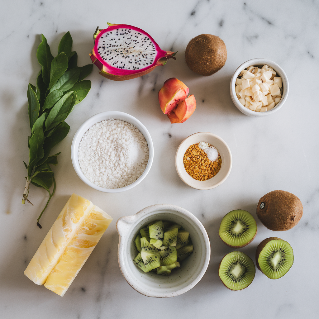 Ingredients for Exotic Matcha Coconut Tapioca Pudding with Dragon Fruit and Kiwi