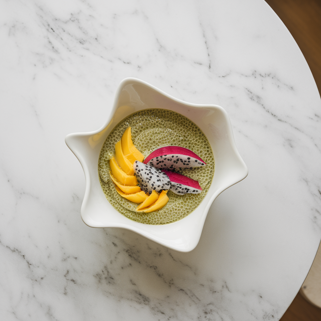 Exotic Matcha Mango Chia Pudding with Dragon Fruit Swirl
