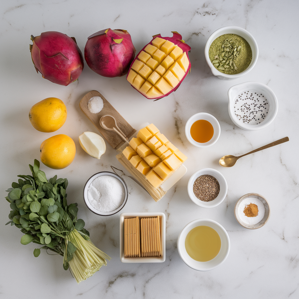Ingredients for Exotic Matcha Mango Chia Pudding with Dragon Fruit Swirl