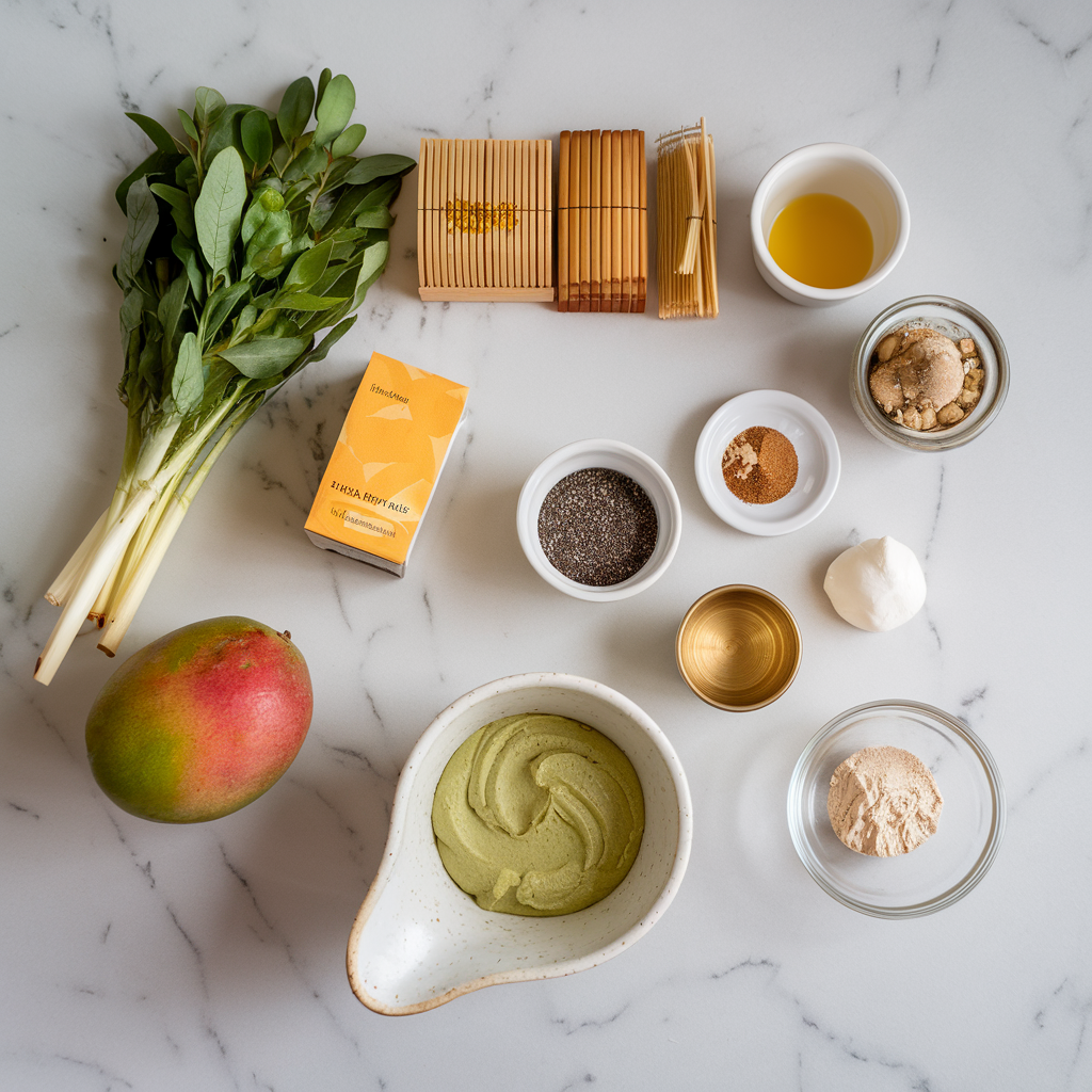 Ingredients for Exotic Matcha Mango Mousse with Chia Crunch