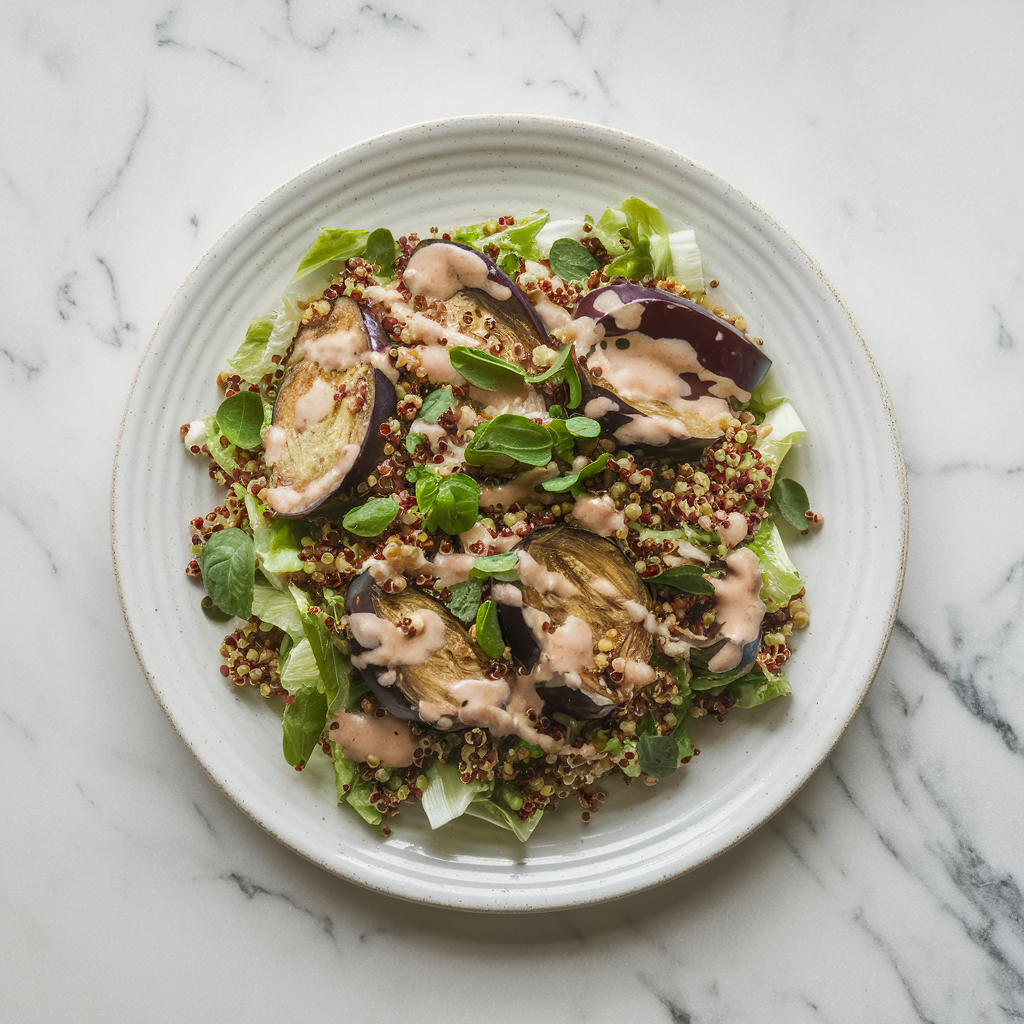 Exotic Roasted Eggplant & Quinoa Super Salad with Tamarind-Tahini Dressing