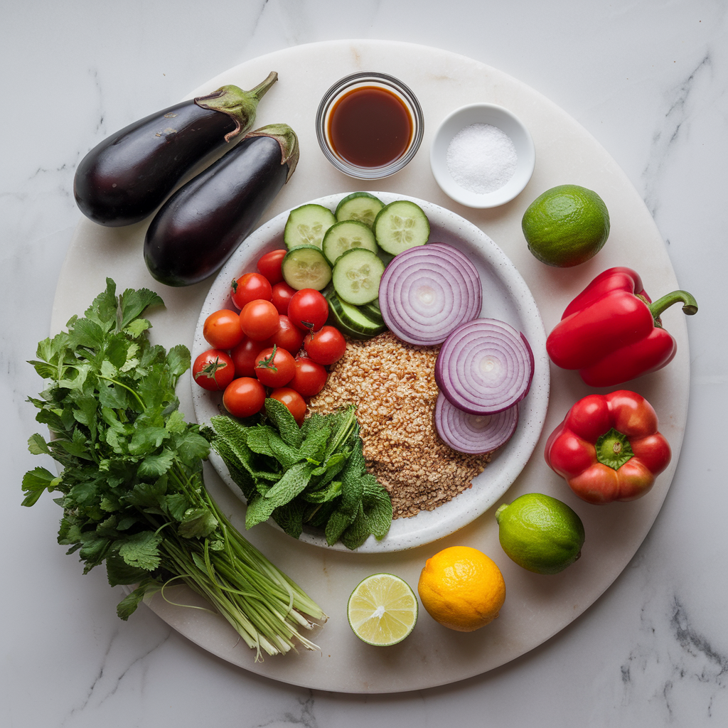 Ingredients for Exotic Roasted Eggplant & Quinoa Super Salad with Tamarind-Tahini Dressing