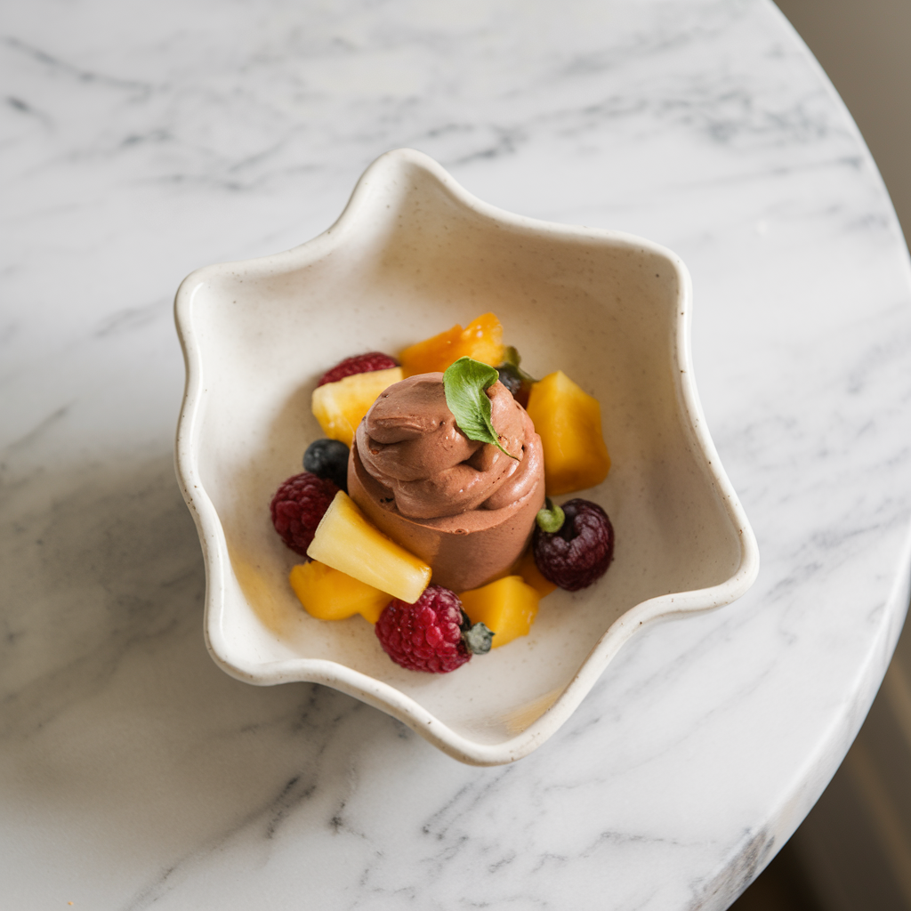 Exotic Spiced Avocado Chocolate Mousse with Tropical Fruit Compote