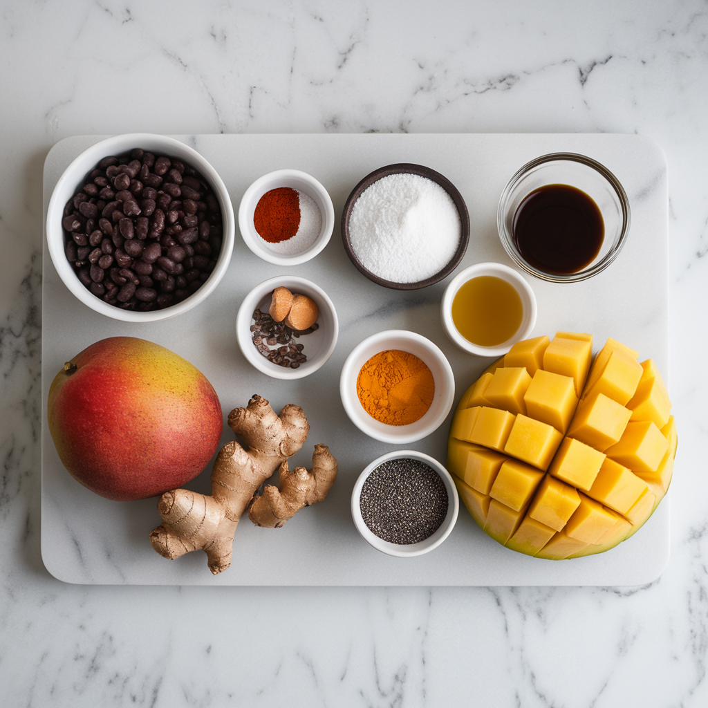 Ingredients for Exotic Spiced Black Bean Brownies with Mango Chia Glaze