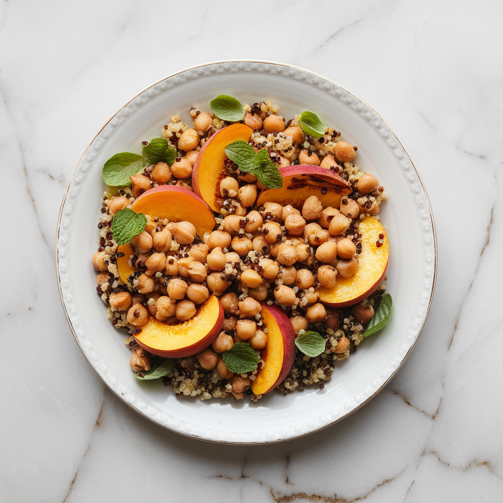 Exotic Spiced Chickpea and Grilled Peach Salad with Mint Quinoa