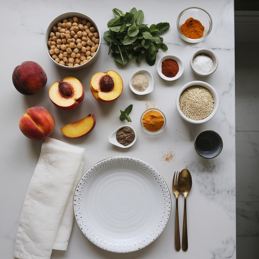 Ingredients for Exotic Spiced Chickpea and Grilled Peach Salad with Mint Quinoa
