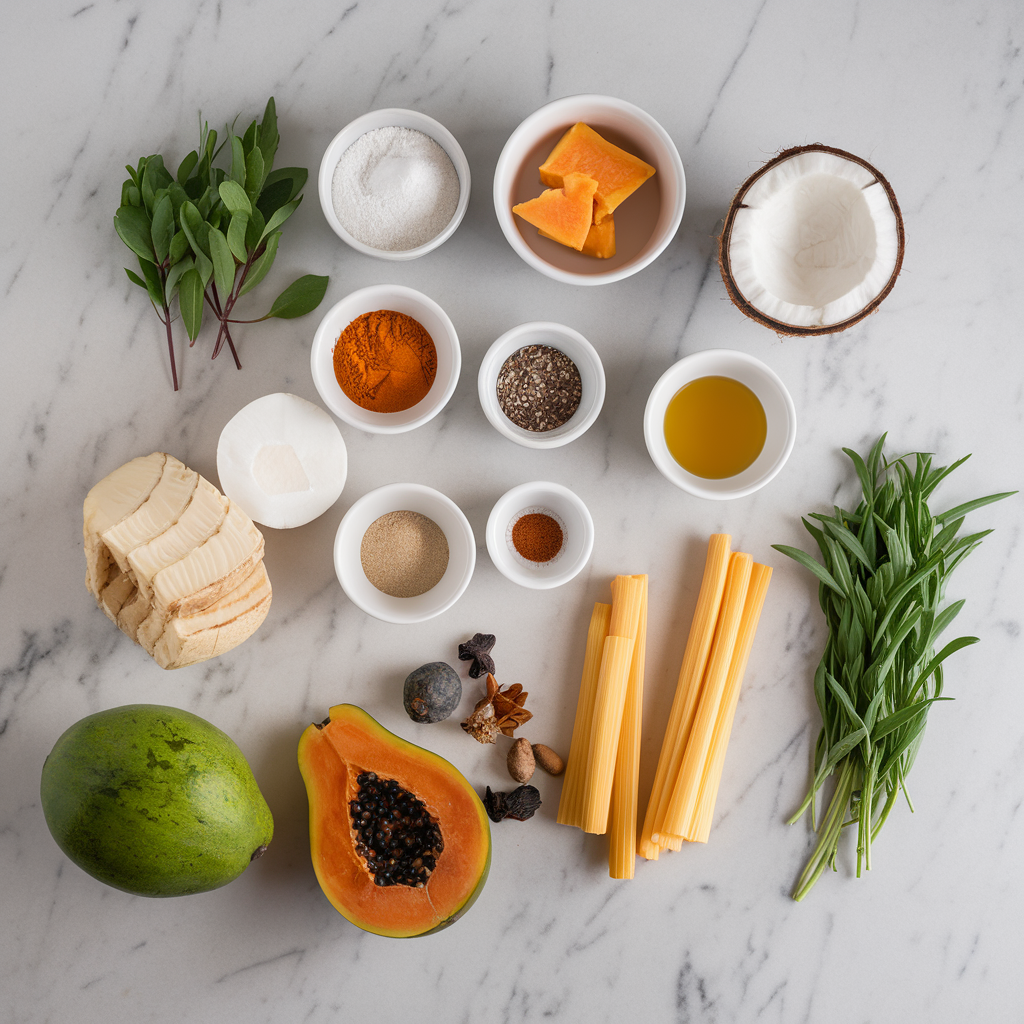 Ingredients for Exotic Spiced Coconut Chia Pudding with Turmeric and Papaya