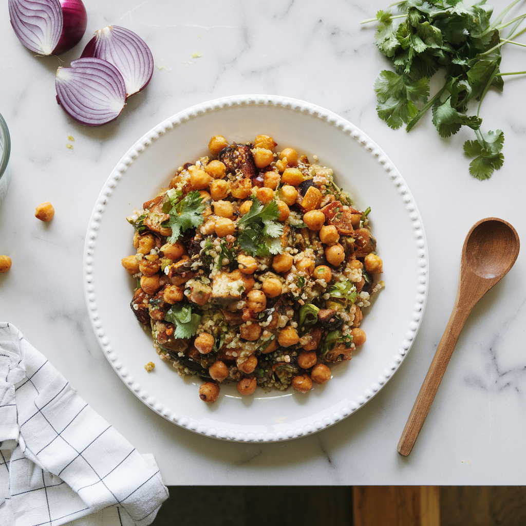 Exotic Spiced Jackfruit and Quinoa Salad with Crispy Chickpeas