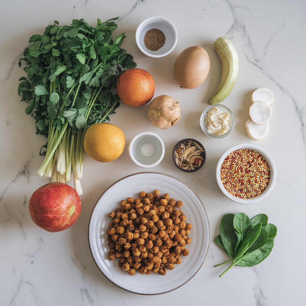 Ingredients for Exotic Spiced Jackfruit and Quinoa Salad with Crispy Chickpeas