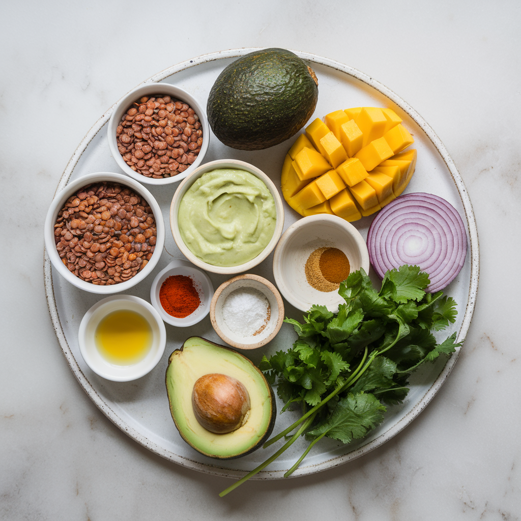 Ingredients for Exotic Spiced Lentil & Mango Wraps with Creamy Avocado Sauce