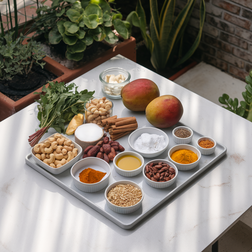 Ingredients for Exotic Spiced Mango Cashew Bliss Bars
