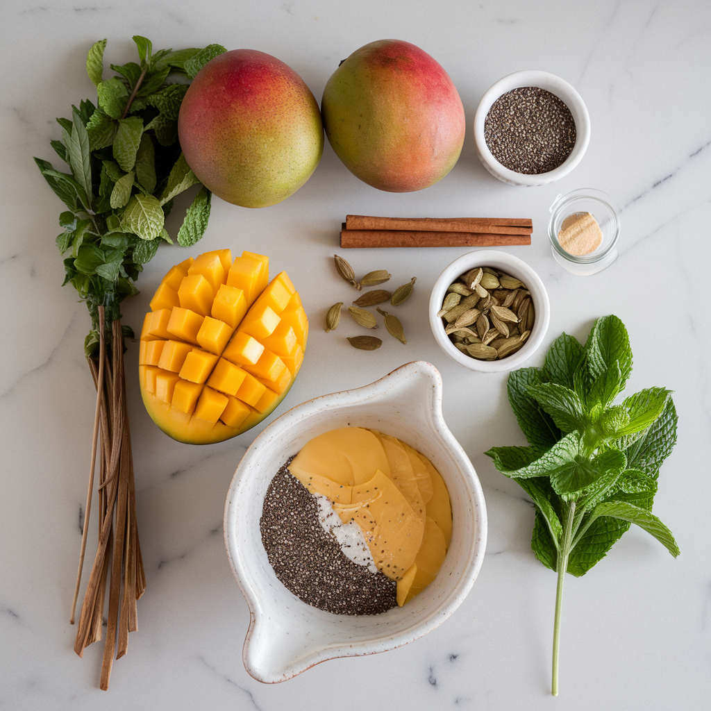 Ingredients for Exotic Spiced Mango & Chia Pudding Parfaits