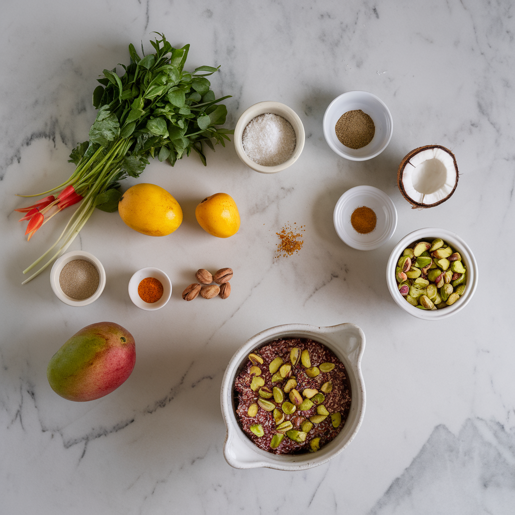 Ingredients for Exotic Spiced Mango Quinoa Pudding with Coconut and Pistachios