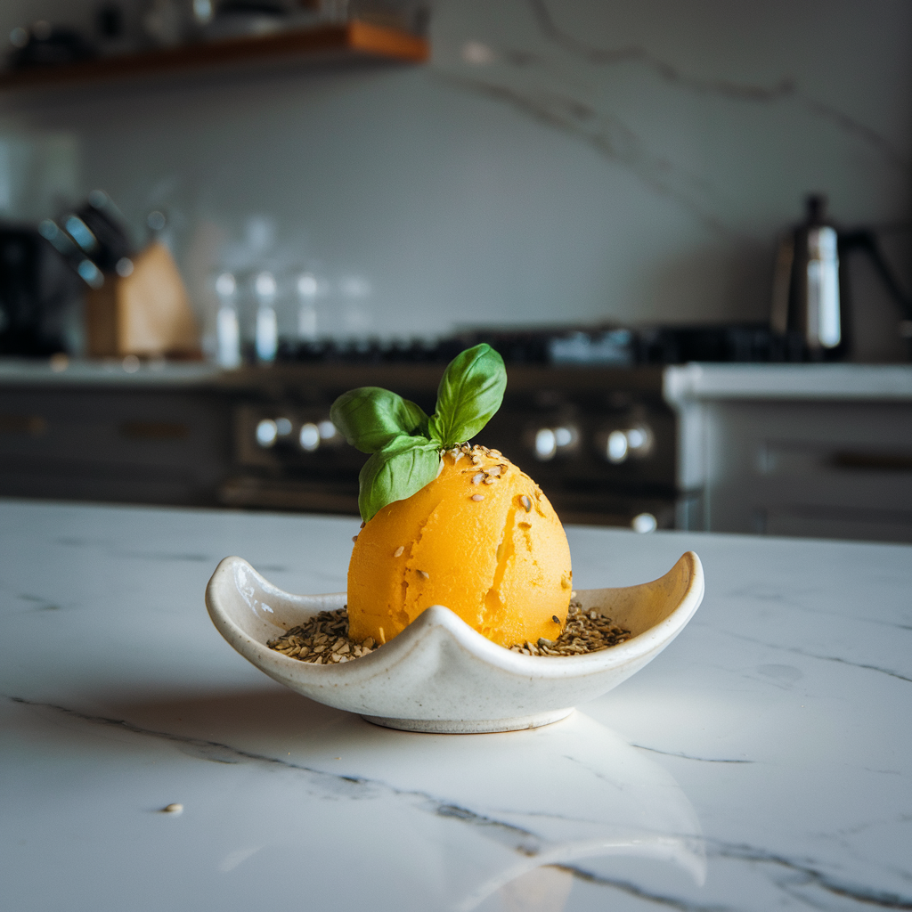 Exotic Spiced Mango Sorbet with Basil and Hemp Seeds