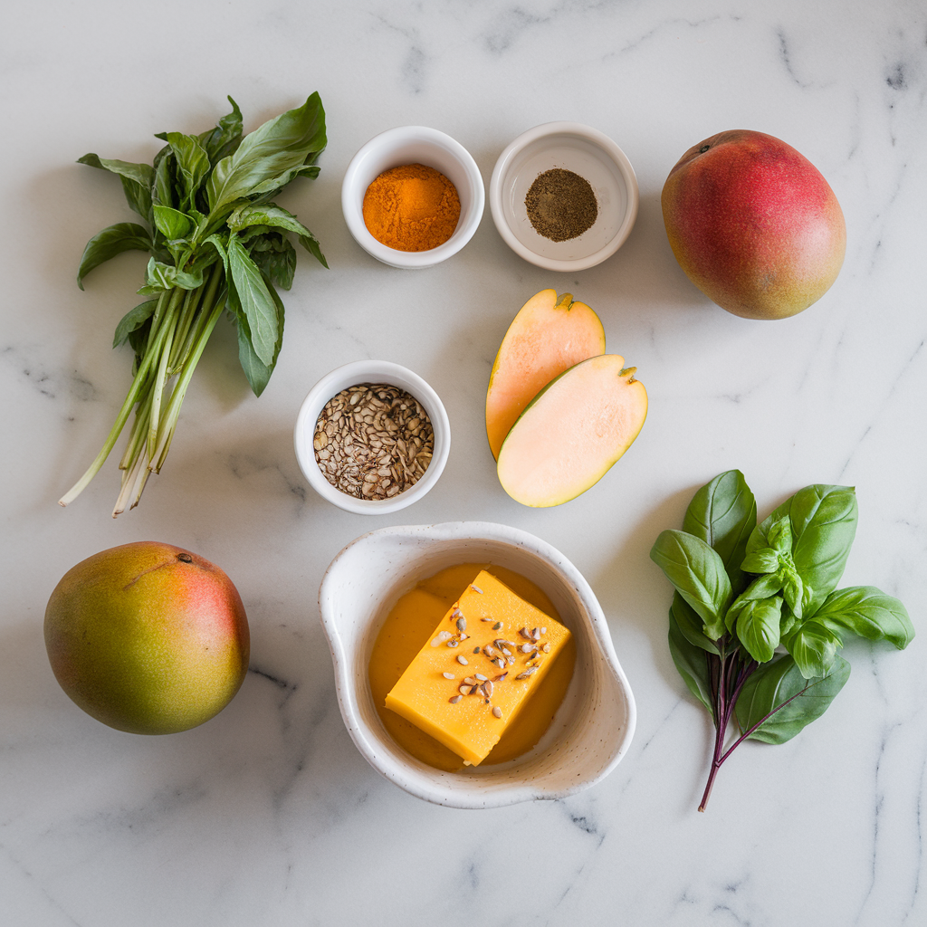 Ingredients for Exotic Spiced Mango Sorbet with Basil and Hemp Seeds
