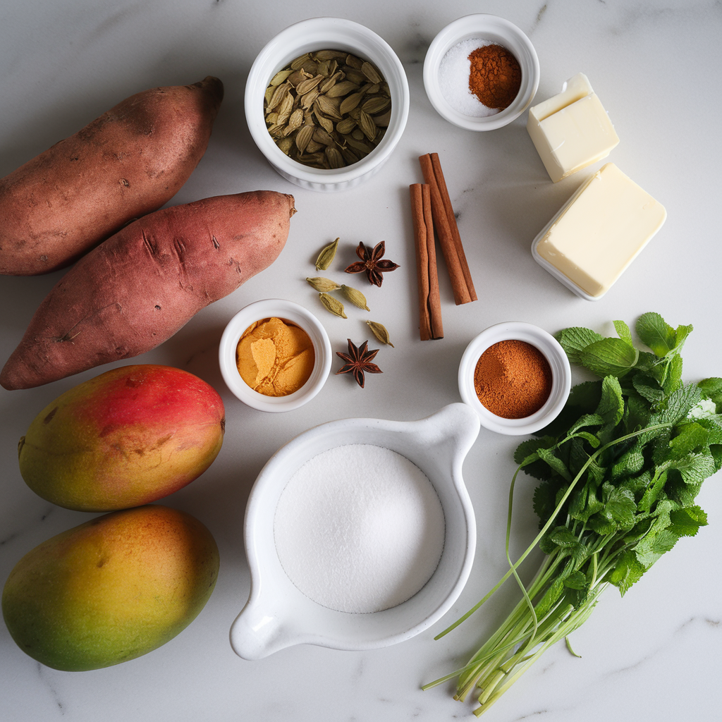 Ingredients for Exotic Spiced Sweet Potato and Mango Pudding