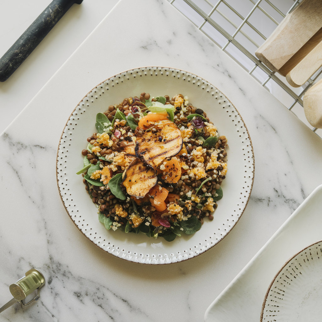 Exotic Superfood Lentil and Grilled Jackfruit Salad with Citrus Quinoa Crunch