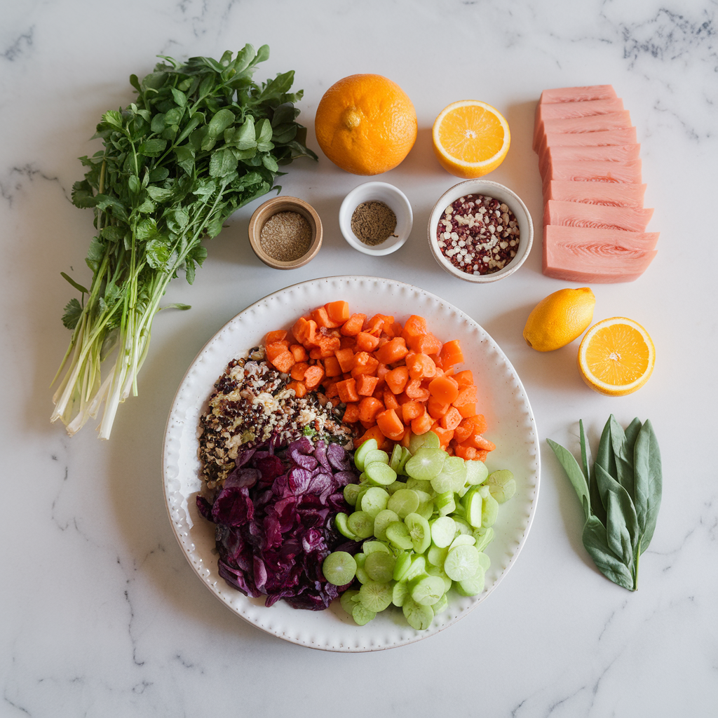 Ingredients for Exotic Superfood Lentil and Grilled Jackfruit Salad with Citrus Quinoa Crunch