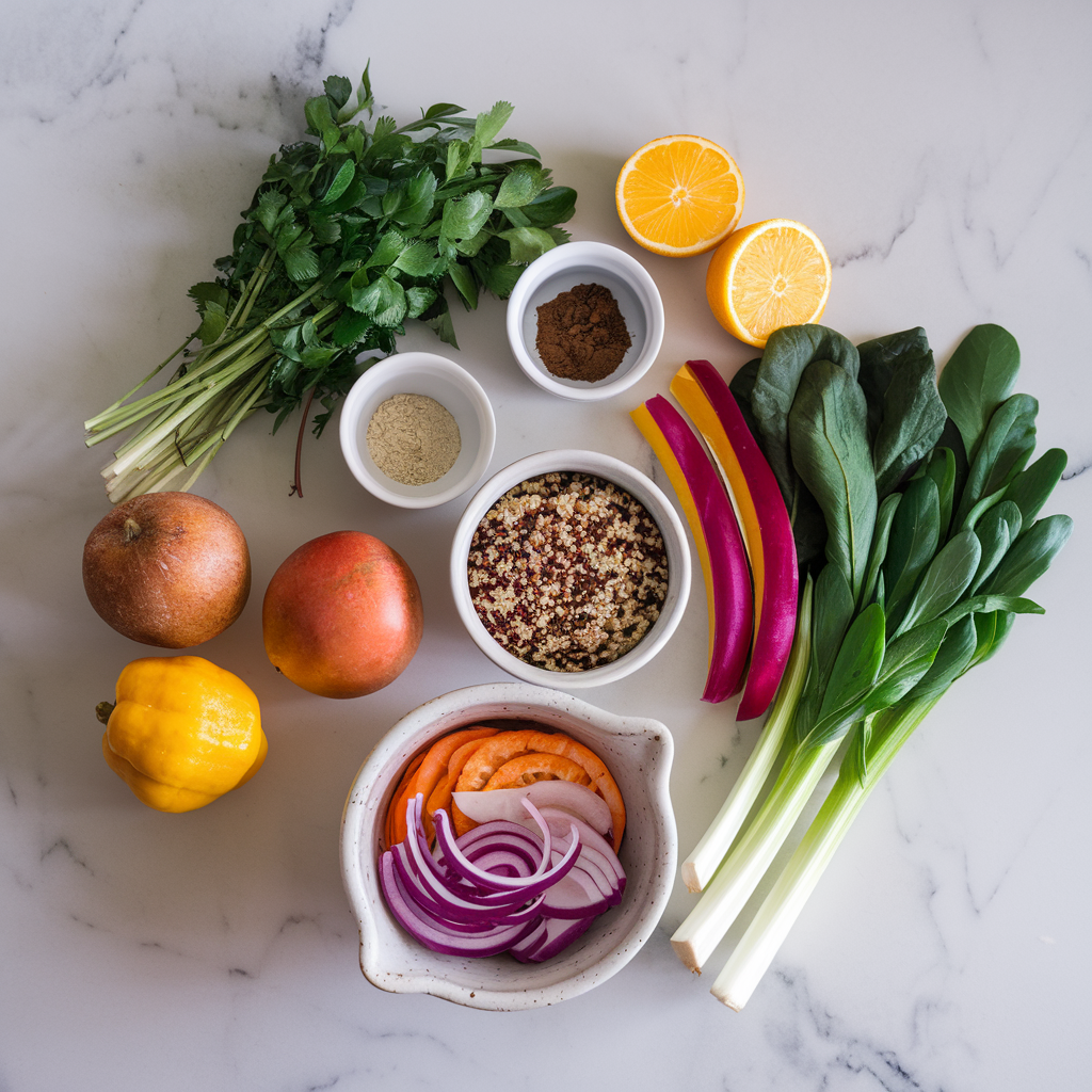 Ingredients for Five-Spice Jackfruit Stir-Fry with Quinoa and Rainbow Veggies