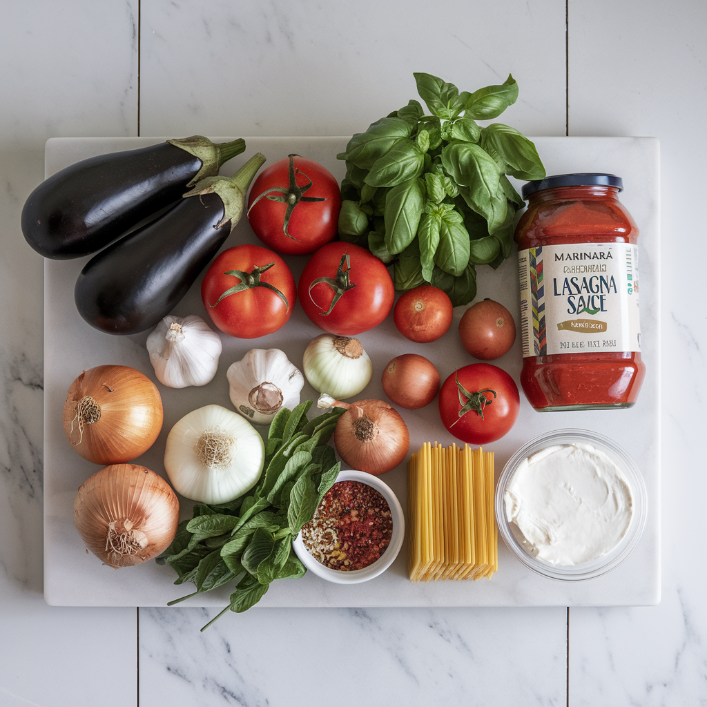 Ingredients for Garden Fresh Eggplant Bolognese Lasagna Makeover