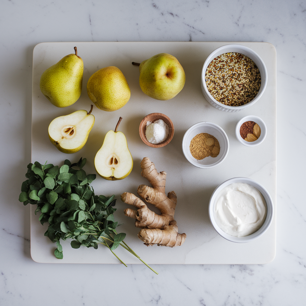 Ingredients for Ginger-Infused Pear and Quinoa Crumble with Coconut Cashew Cream