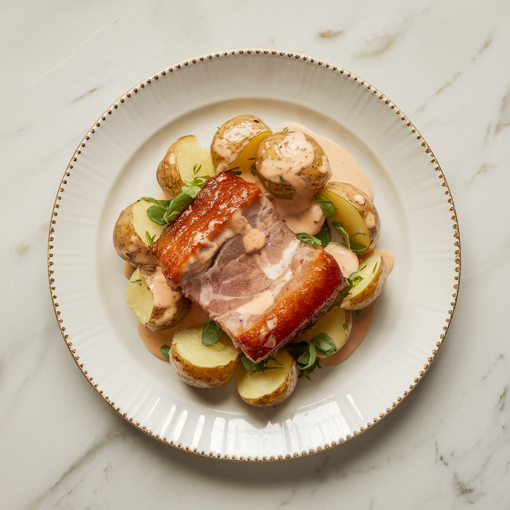 Glazed Pork Belly & Crispy Potato Salad with Maple-Dijon Dressing
