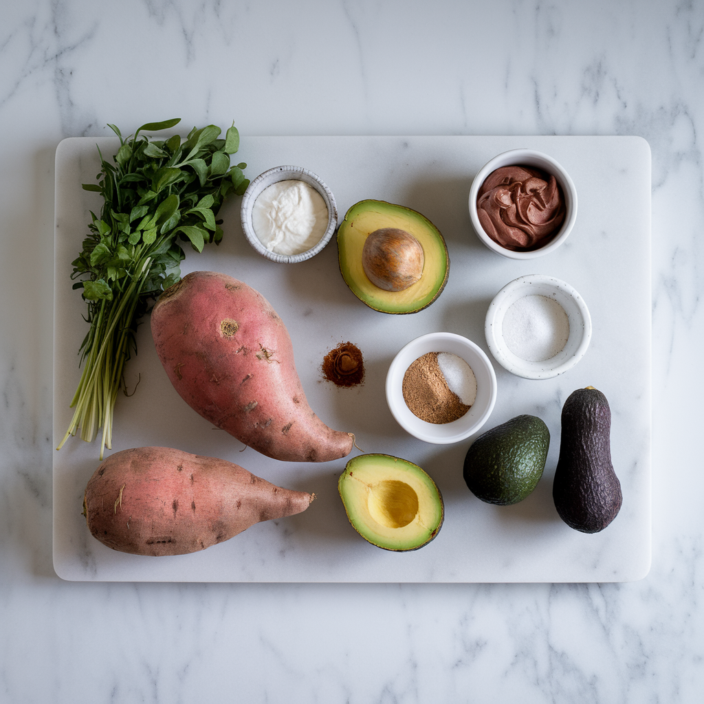 Ingredients for Gluten-Free Sweet Potato and Chocolate Avocado Mousse Tart