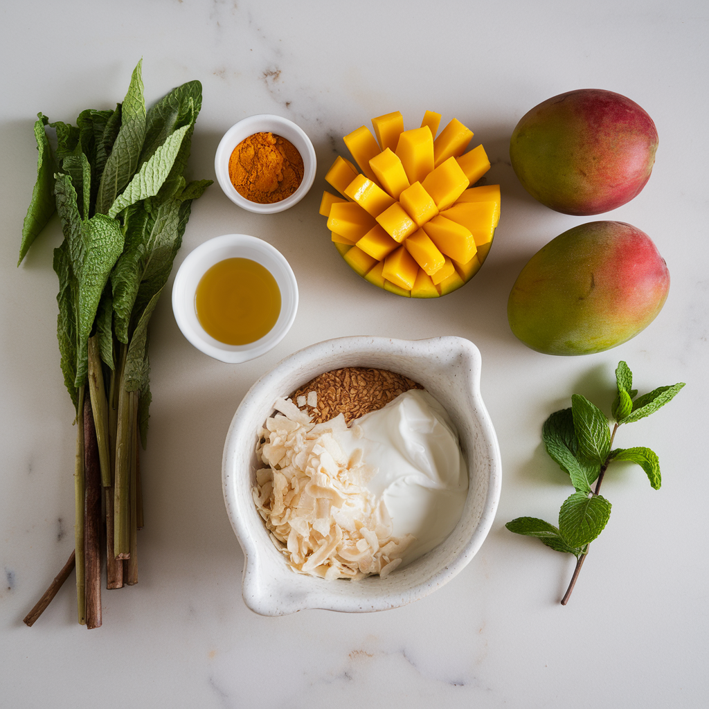 Ingredients for Exotic Golden Turmeric Mango Coconut Parfaits