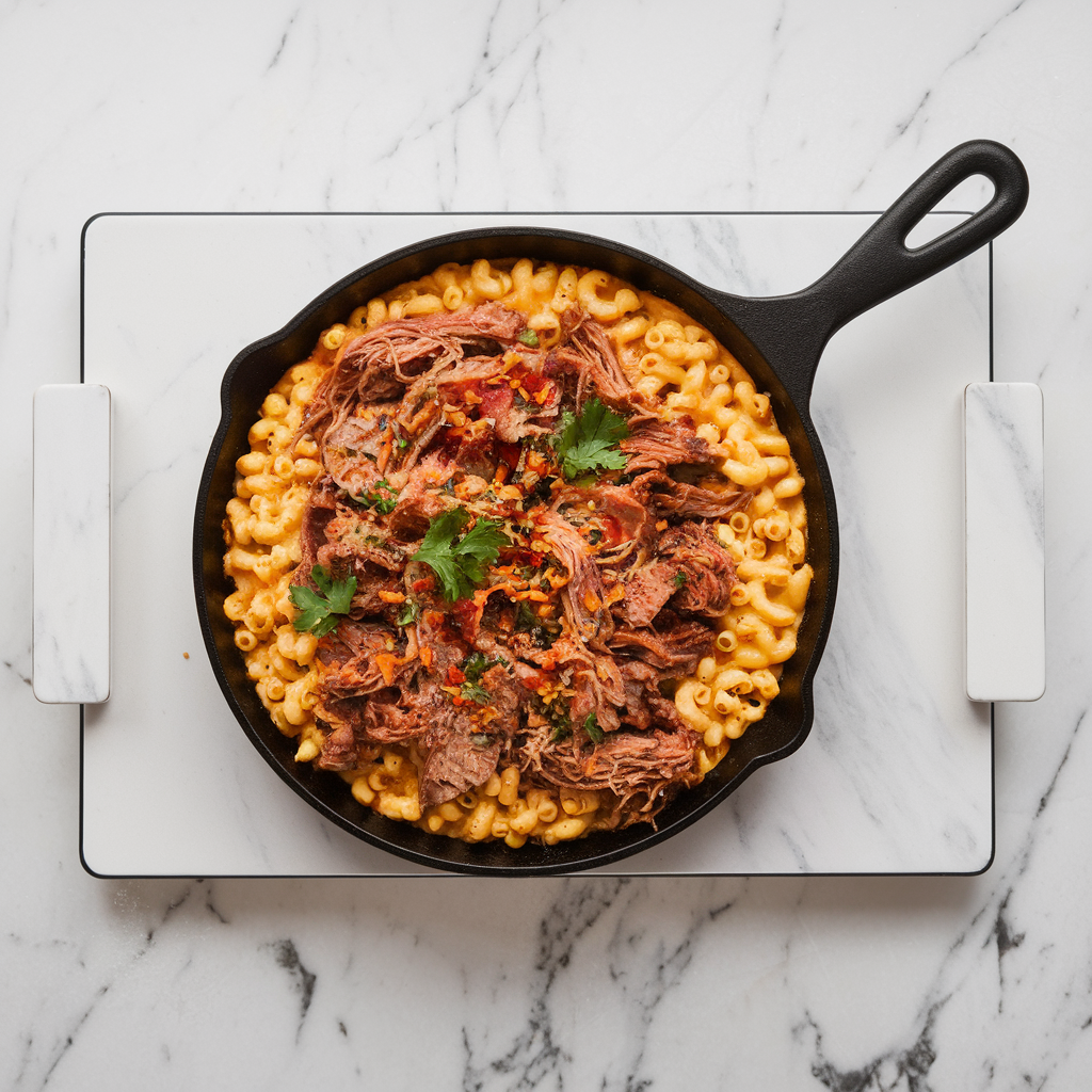 Gooey BBQ Pulled Pork & Cheddar Mac Skillet