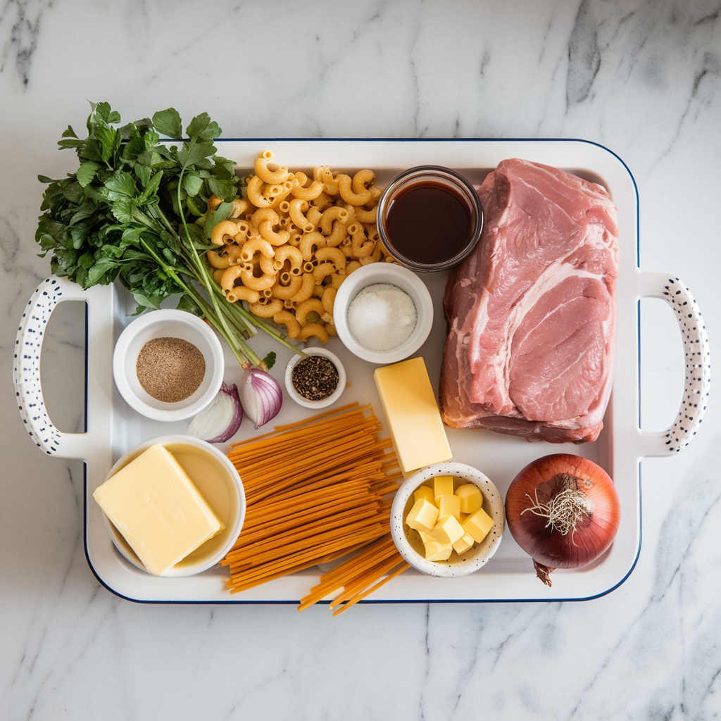 Ingredients for Gooey BBQ Pulled Pork & Cheddar Mac Skillet