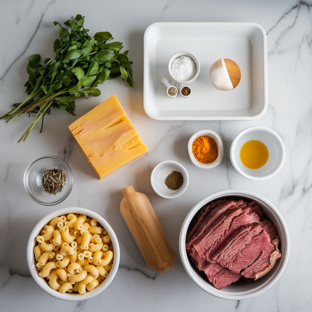 Ingredients for Gooey Beef Brisket & Gouda Chipotle Mac 'n' Cheese Bake