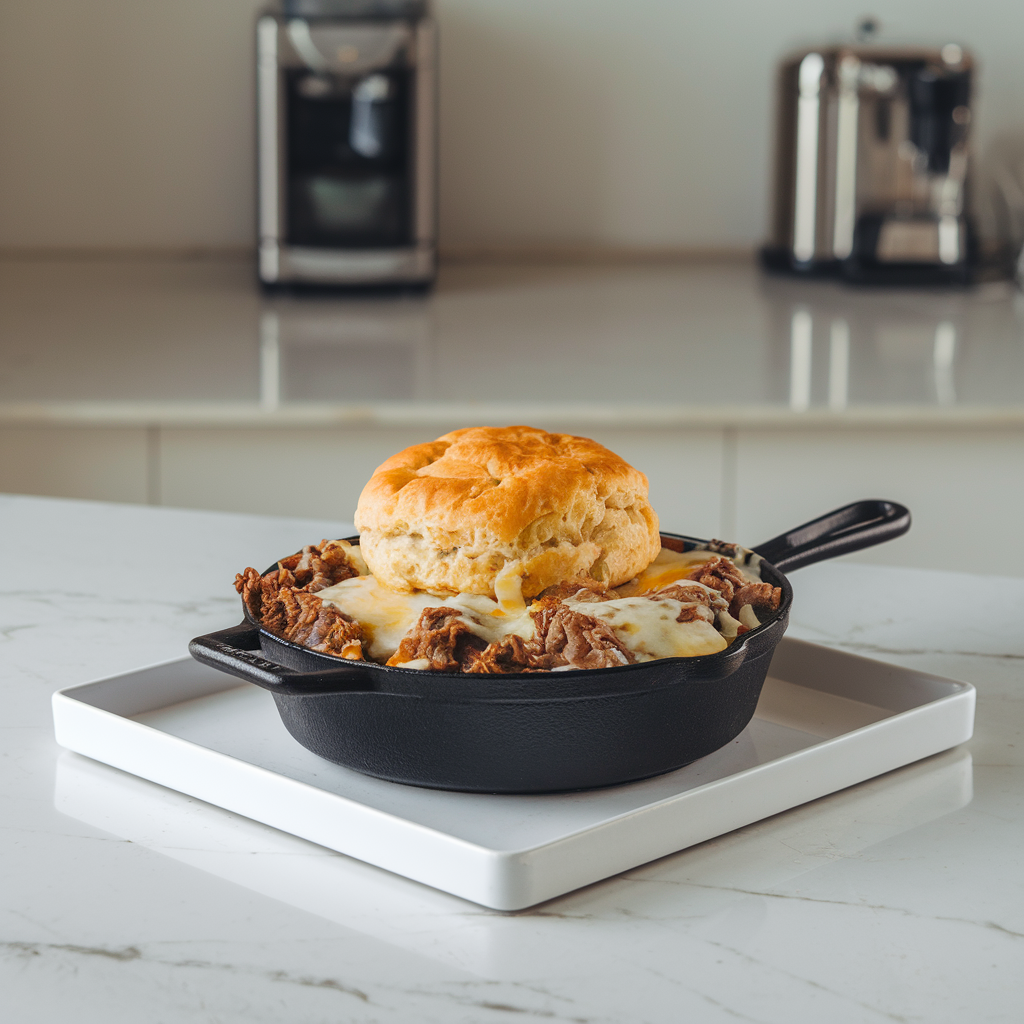 Gooey Cheesy Beef & Biscuit Skillet Supreme