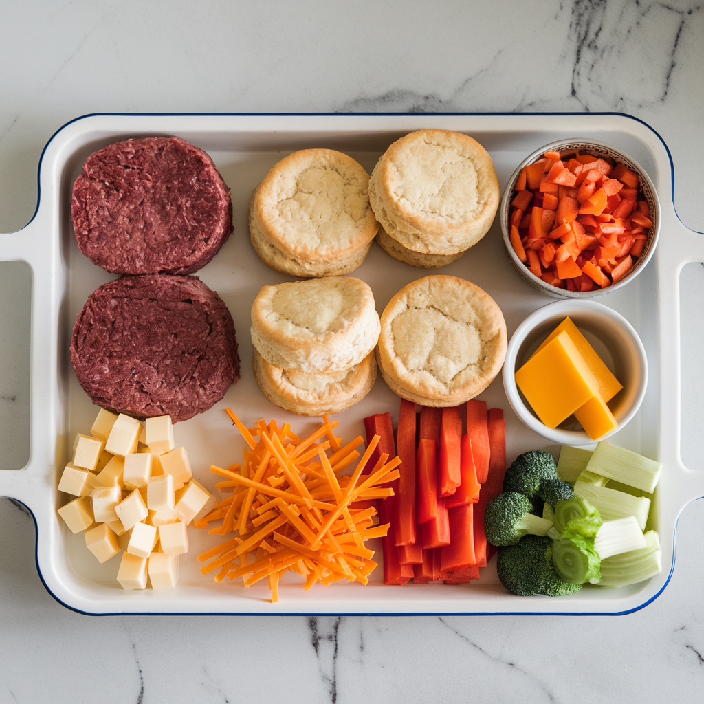 Ingredients for Gooey Cheesy Beef & Biscuit Skillet Supreme