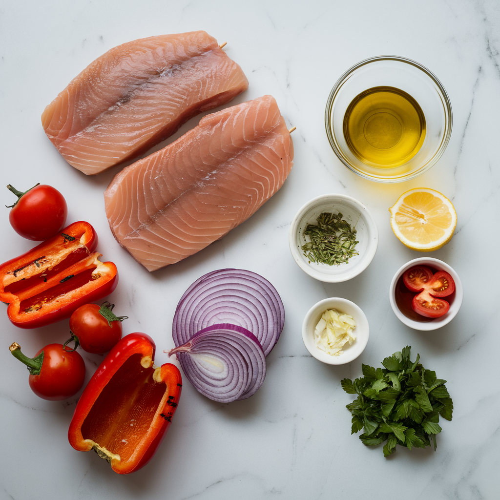 Ingredients for Grilled Mediterranean Swordfish Skewers with Zesty Herb Marinade