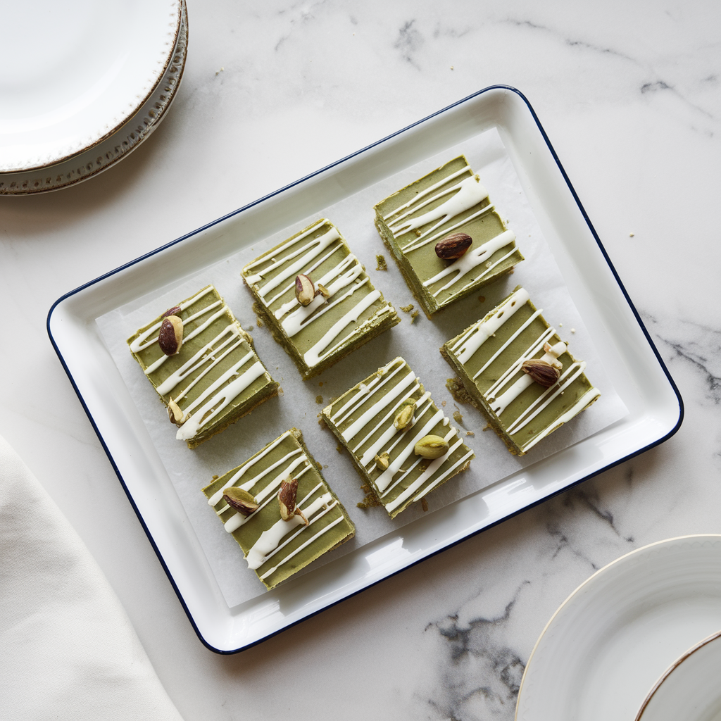 Guilt-Free Matcha Pistachio Dessert Bars with a Lemon Coconut Drizzle