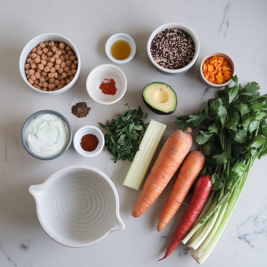 Ingredients for Harissa-Spiced Chickpea & Quinoa Skillet with Minted Avocado Yogurt
