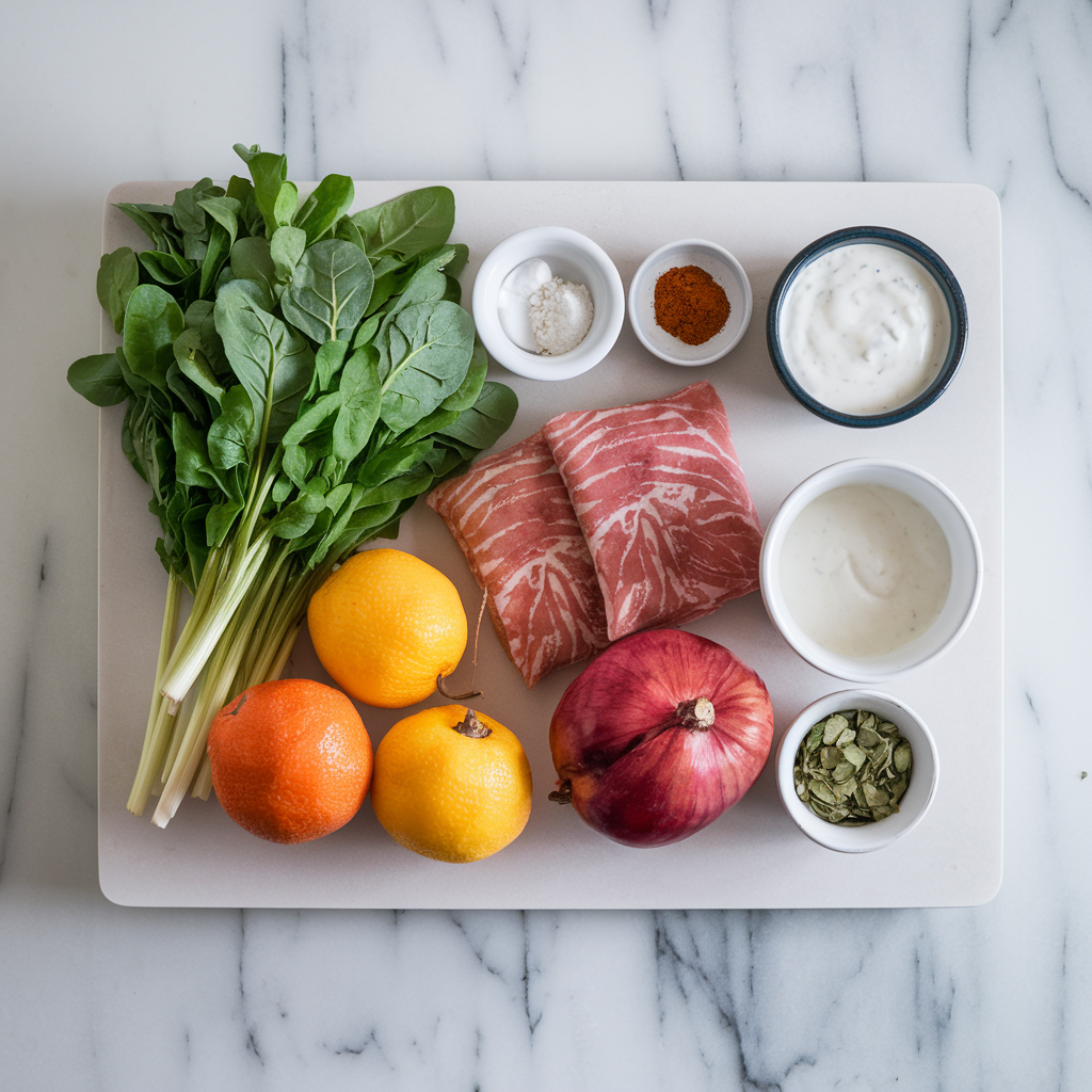 Ingredients for Healthy Oven-Baked Lamb Filo Pockets with Spinach and Minted Yogurt Sauce
