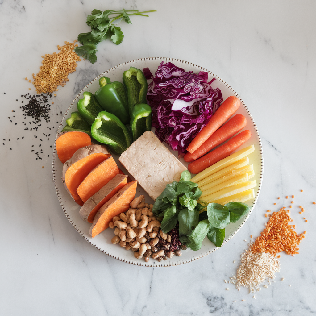 Ingredients for Hearty Asian-Inspired Sweet Potato & Tempeh Rainbow Salad